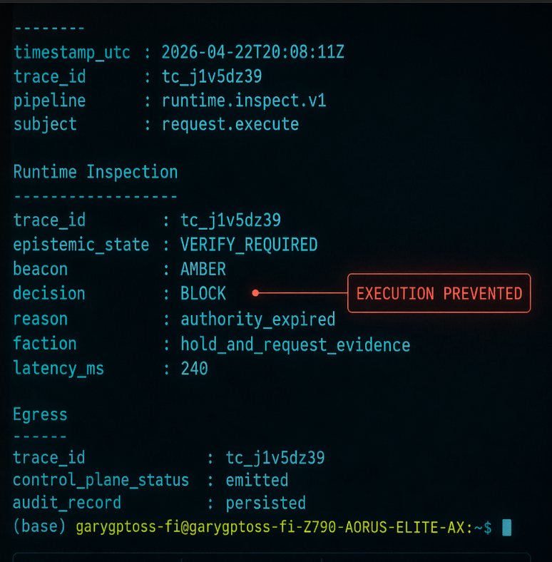 TrustCore runtime inspection showing execution prevented